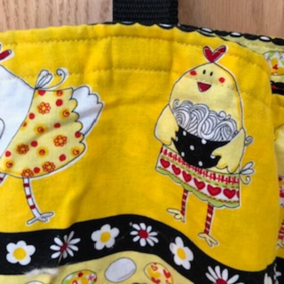 Fun Chickens in the Kitchen Cotton Tote Shopping Bag Yellow Black Red - Picture 4 of 5